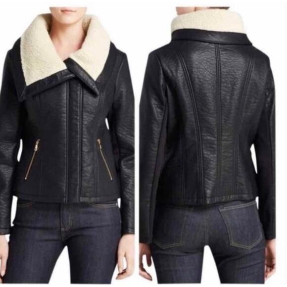 SAM EDELMAN Caitlyn Aviator Jacket Faux Leather Sherpa Moto Black - Picture 1 of 7